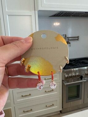 NWT Anthropologie Crystal Drop Hoop Earring Set - Gold & Red
